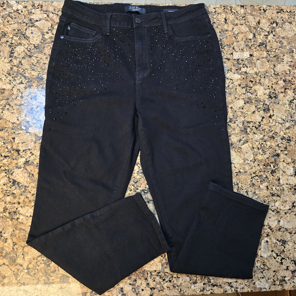 Judy Blue High Rise Rhinestone Slim Fit Jeans in Black sz 15/32